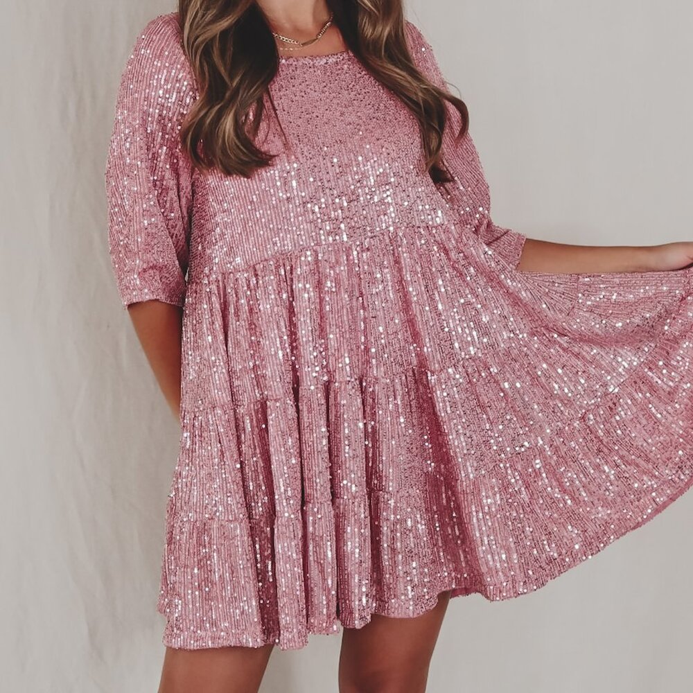 AMAZING LACE Pearl Dark Pink Sequin Babydoll Party Dress